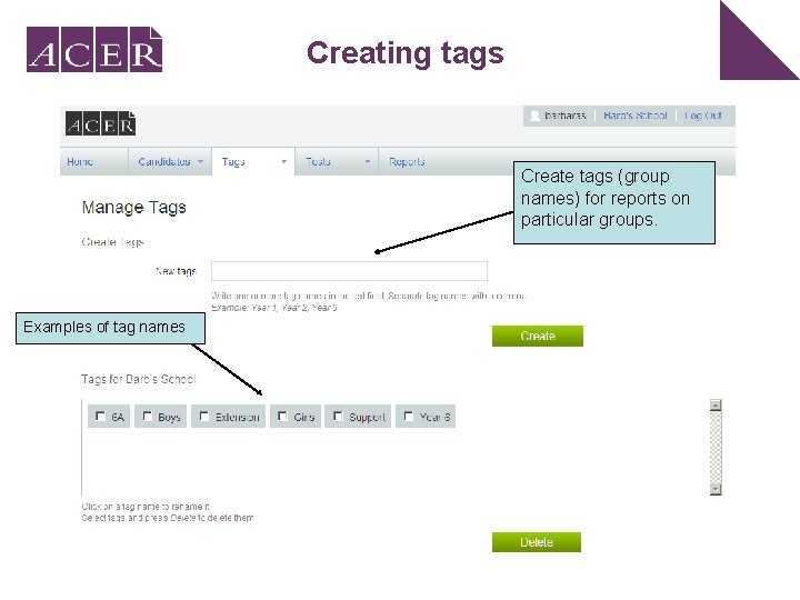 Creating tags Create tags (group names) for reports on particular groups. Examples of tag