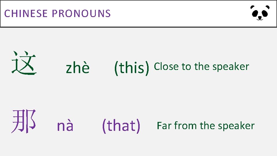 CHINESE PRONOUNS 这 那 zhè nà (this) Close to the speaker (that) Far from