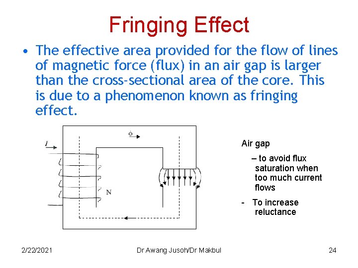 Fringing Effect • The effective area provided for the flow of lines of magnetic