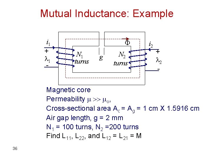 Mutual Inductance: Example i 1 + l 1 - N 1 turns g N