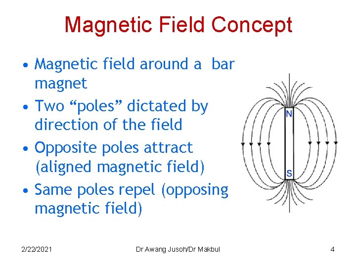 Magnetic Field Concept • Magnetic field around a bar magnet • Two “poles” dictated