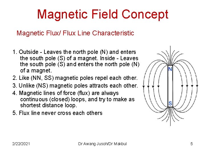 Magnetic Field Concept Magnetic Flux/ Flux Line Characteristic 1. Outside - Leaves the north