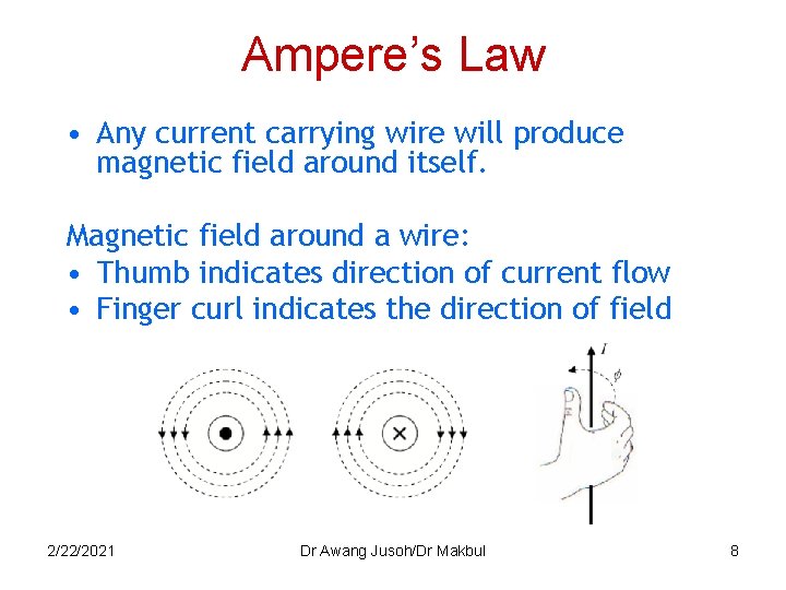 Ampere’s Law • Any current carrying wire will produce magnetic field around itself. Magnetic