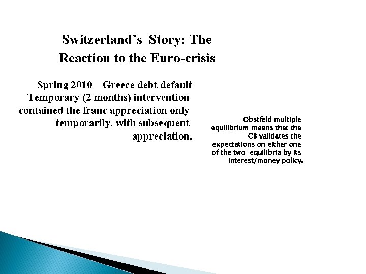 Switzerland’s Story: The Reaction to the Euro-crisis Spring 2010—Greece debt default Temporary (2 months)