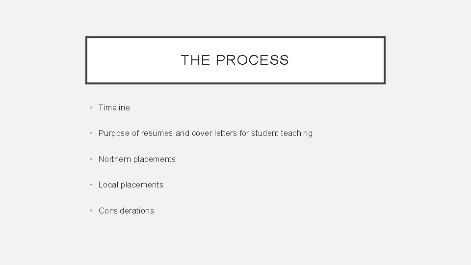 THE PROCESS • Timeline • Purpose of resumes and cover letters for student teaching THE PROCESS • Timeline • Purpose of resumes and cover letters for student teaching