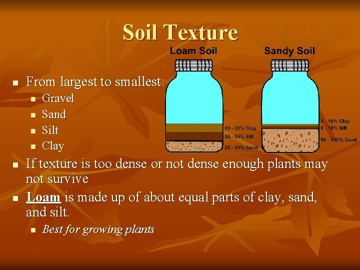 Soil Texture n From largest to smallest: n n n Gravel Sand Silt Clay