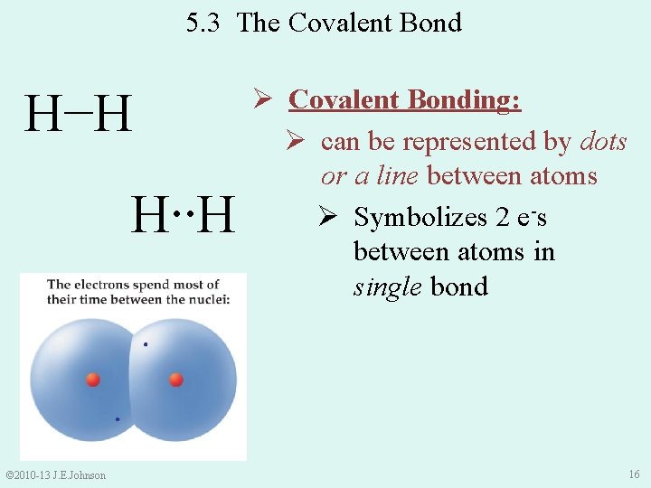 5. 3 The Covalent Bond H−H H∙∙H © 2010 -13 J. E. Johnson Ø