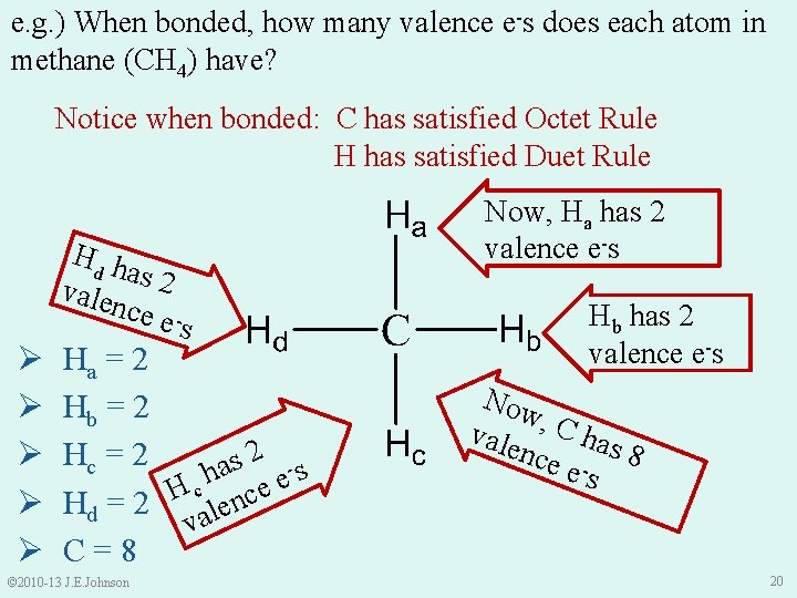 e. g. ) When bonded, how many valence e-s does each atom in methane