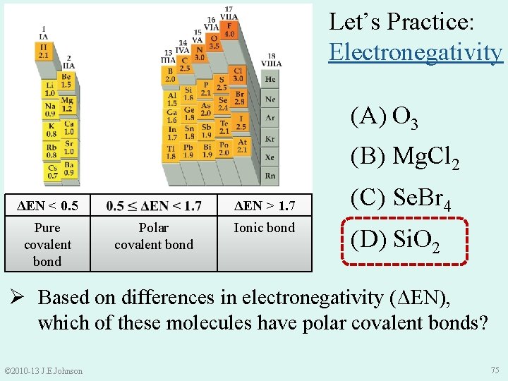 Let’s Practice: Electronegativity (A) O 3 (B) Mg. Cl 2 ΔEN < 0. 5