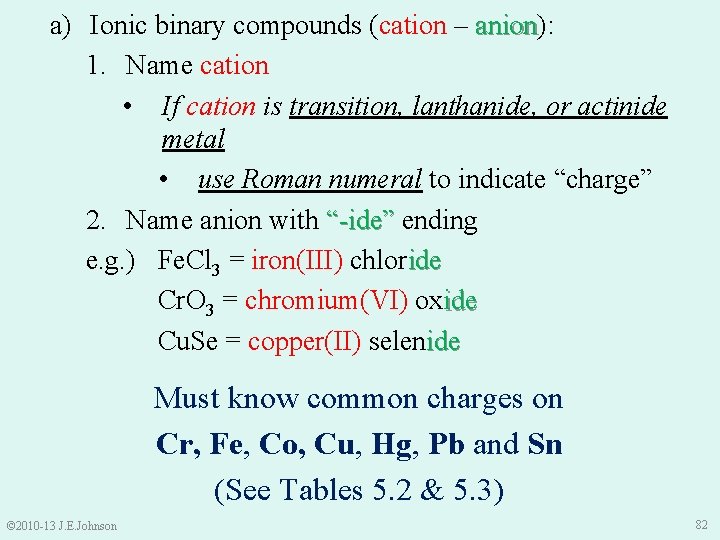 a) Ionic binary compounds (cation – anion): anion 1. Name cation • If cation