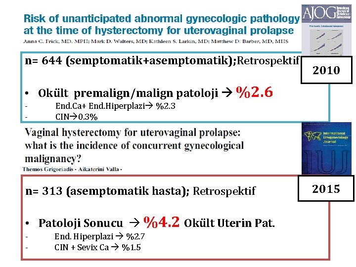 n= 644 (semptomatik+asemptomatik); Retrospektif 2010 • Okült premalign/malign patoloji %2. 6 - End. Ca+ n= 644 (semptomatik+asemptomatik); Retrospektif 2010 • Okült premalign/malign patoloji %2. 6 - End. Ca+