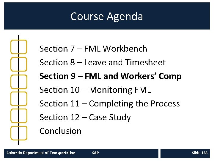 Course Agenda Section 7 – FML Workbench Section 8 – Leave and Timesheet Section