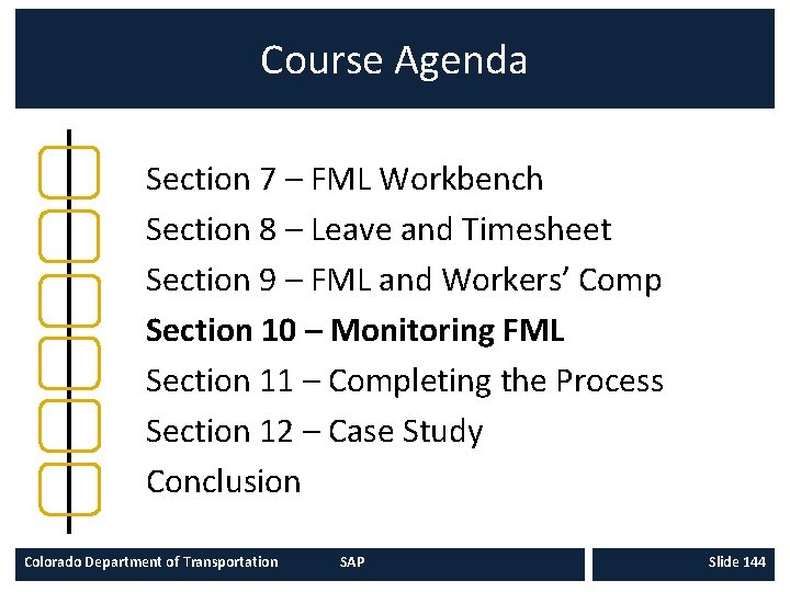 Course Agenda Section 7 – FML Workbench Section 8 – Leave and Timesheet Section