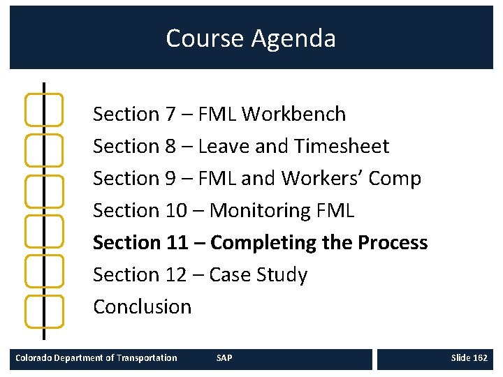 Course Agenda Section 7 – FML Workbench Section 8 – Leave and Timesheet Section