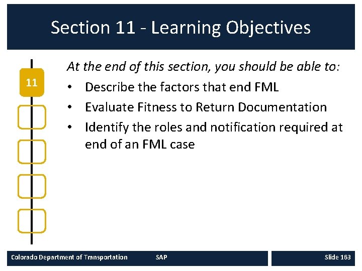 Section 11 - Learning Objectives 11 At the end of this section, you should