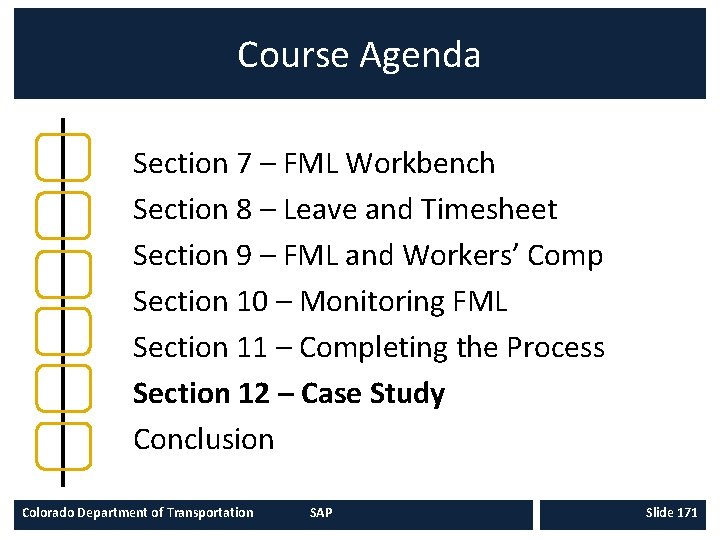 Course Agenda Section 7 – FML Workbench Section 8 – Leave and Timesheet Section