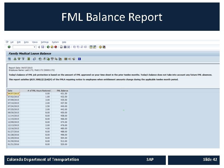 FML Balance Report Colorado Department of Transportation SAP Slide 42 FML Balance Report Colorado Department of Transportation SAP Slide 42