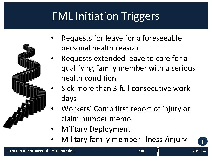 FML Initiation Triggers • Requests for leave for a foreseeable personal health reason •