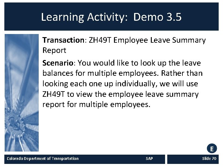 Learning Activity: Demo 3. 5 Transaction: ZH 49 T Employee Leave Summary Report Scenario: