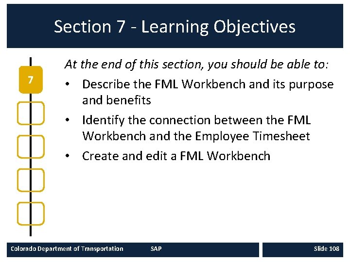 Section 7 - Learning Objectives 7 At the end of this section, you should