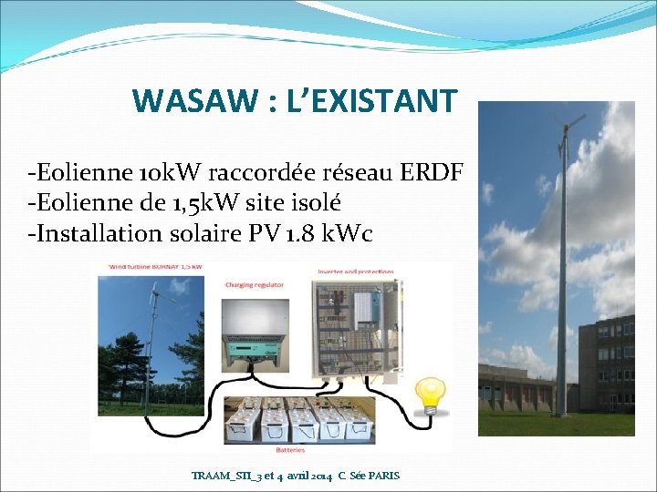 WASAW : L’EXISTANT -Eolienne 10 k. W raccordée réseau ERDF -Eolienne de 1, 5