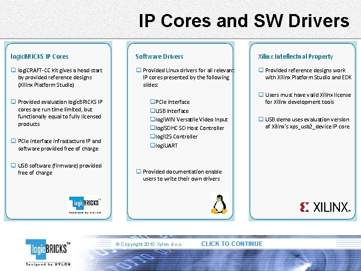 IP Cores and SW Drivers logic. BRICKS IP Cores Software Drivers Xilinx Intellectual Property