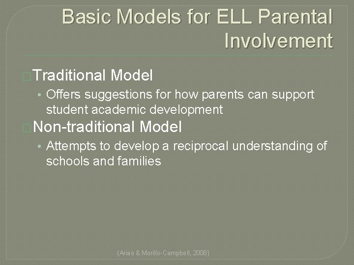 Basic Models for ELL Parental Involvement �Traditional Model • Offers suggestions for how parents