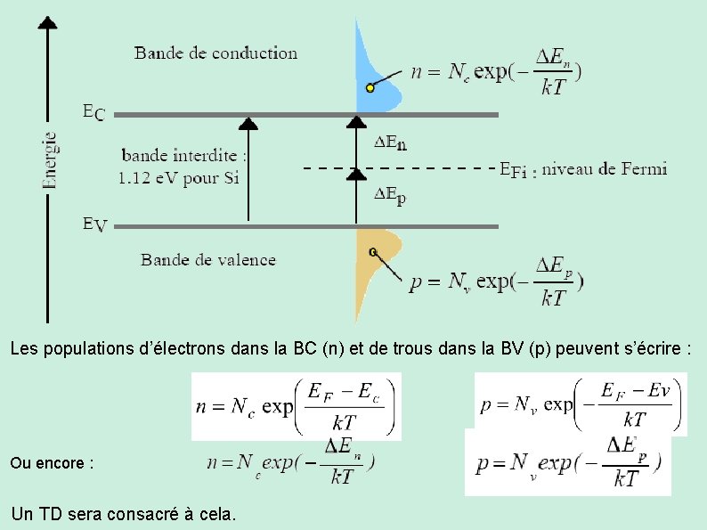 Les populations d’électrons dans la BC (n) et de trous dans la BV (p)