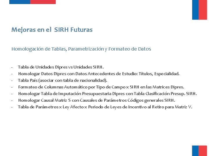 Mejoras en el SIRH Futuras Homologación de Tablas, Parametrización y Formateo de Datos -