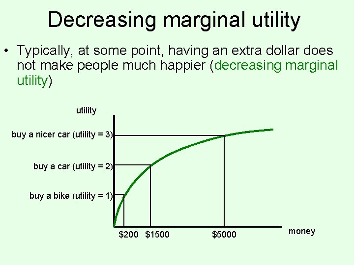 Decreasing marginal utility • Typically, at some point, having an extra dollar does not Decreasing marginal utility • Typically, at some point, having an extra dollar does not