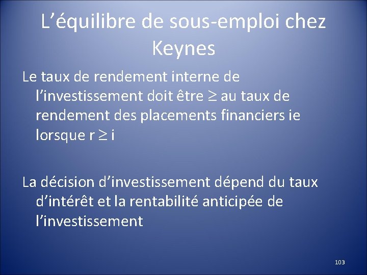 L’équilibre de sous-emploi chez Keynes Le taux de rendement interne de l’investissement doit être