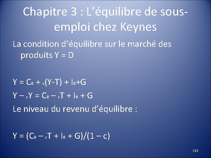 Chapitre 3 : L’équilibre de sousemploi chez Keynes La condition d’équilibre sur le marché