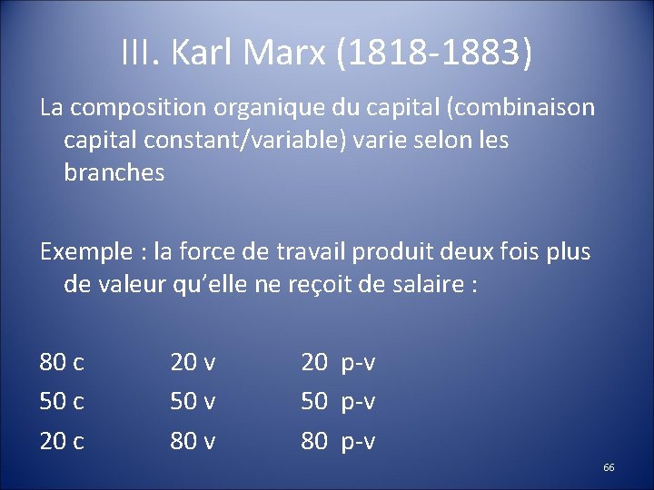 III. Karl Marx (1818 -1883) La composition organique du capital (combinaison capital constant/variable) varie