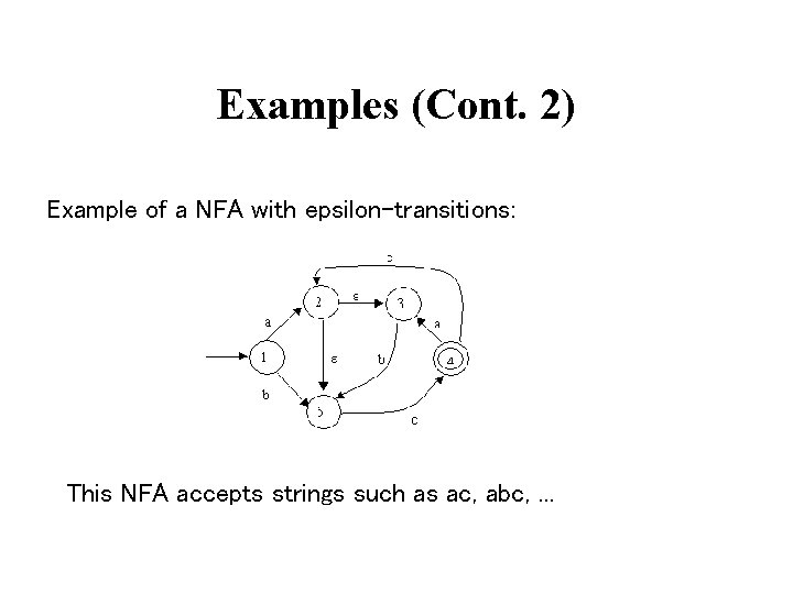 Examples (Cont. 2) Example of a NFA with epsilon-transitions: This NFA accepts strings such