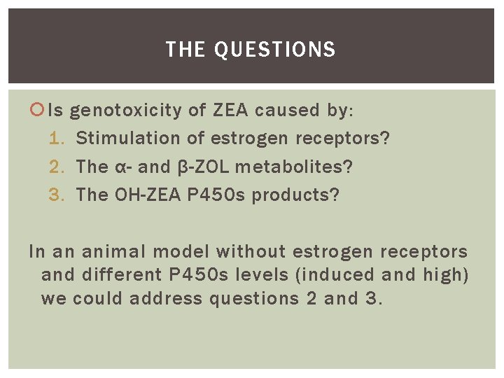 THE QUESTIONS Is genotoxicity of ZEA caused by: 1. Stimulation of estrogen receptors? 2.