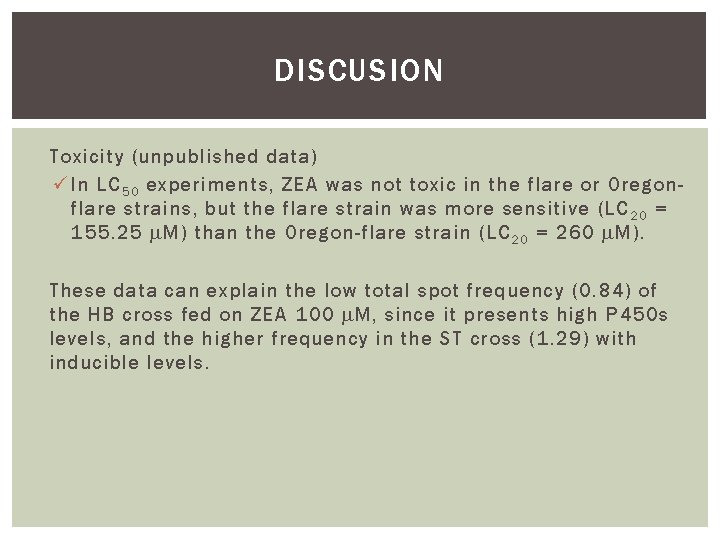 DISCUSION Toxicity (unpublished data) ü In LC 5 0 experiments, ZEA was not toxic