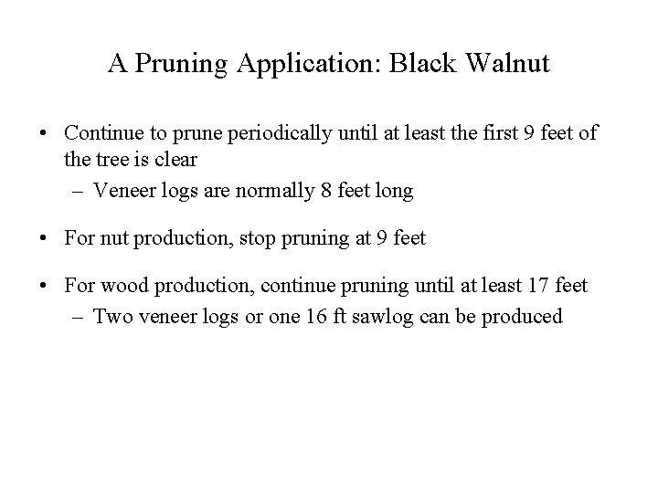 A Pruning Application: Black Walnut • Continue to prune periodically until at least the