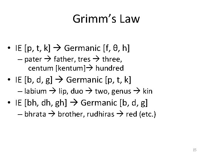 Grimm’s Law • IE [p, t, k] Germanic [f, θ, h] – pater father,