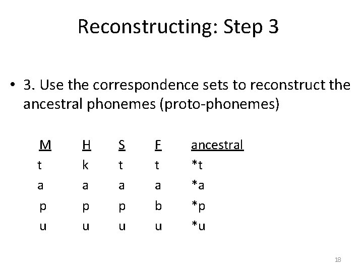 Reconstructing: Step 3 • 3. Use the correspondence sets to reconstruct the ancestral phonemes