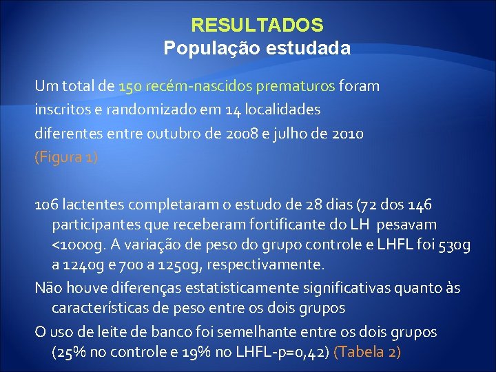 RESULTADOS População estudada Um total de 150 recém-nascidos prematuros foram inscritos e randomizado em