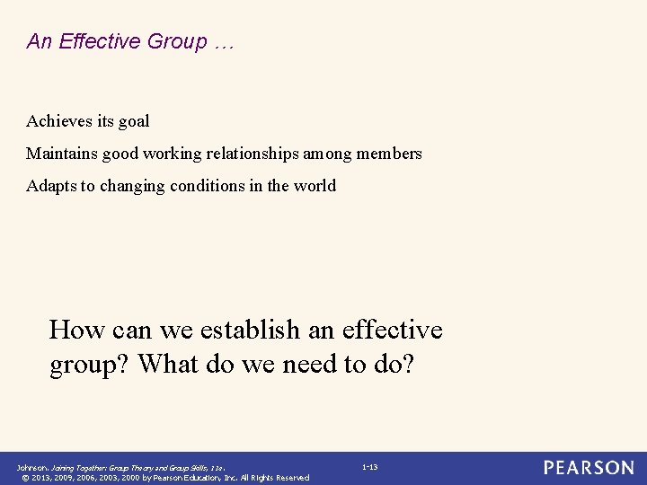 An Effective Group … Achieves its goal Maintains good working relationships among members Adapts