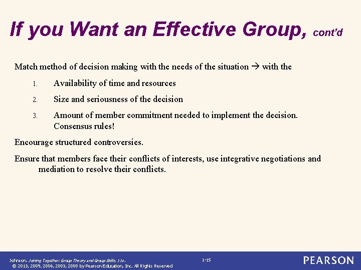 If you Want an Effective Group, cont’d Match method of decision making with the