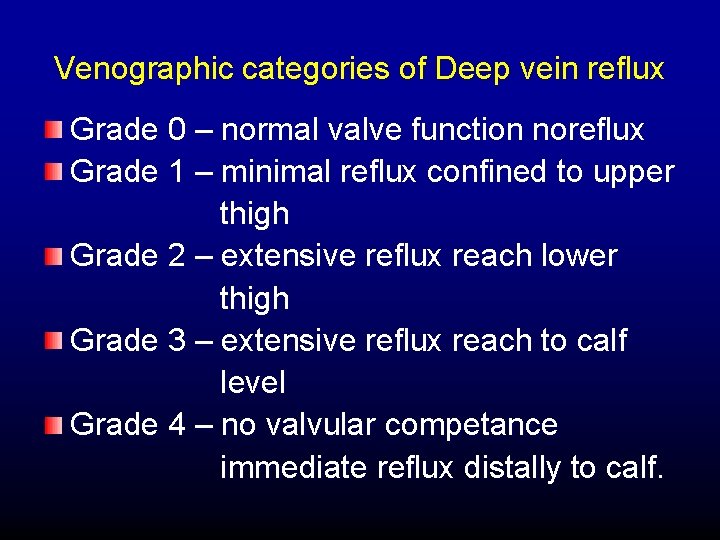Venographic categories of Deep vein reflux Grade 0 – normal valve function noreflux Grade