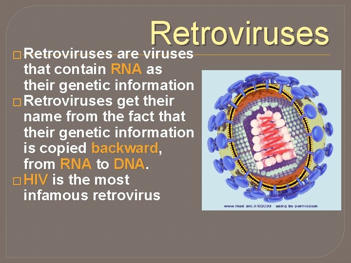 � Retroviruses are viruses that contain RNA as their genetic information � Retroviruses get