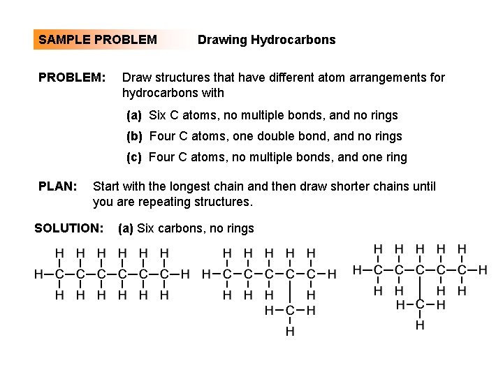 SAMPLE PROBLEM: Drawing Hydrocarbons Draw structures that have different atom arrangements for hydrocarbons with