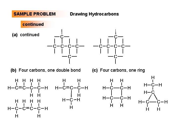 SAMPLE PROBLEM Drawing Hydrocarbons continued (a) continued (b) Four carbons, one double bond (c)