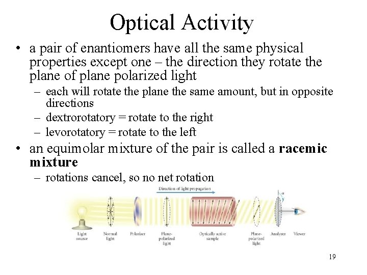 Optical Activity • a pair of enantiomers have all the same physical properties except