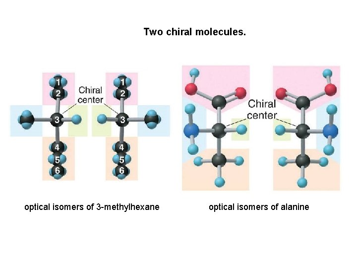 Two chiral molecules. optical isomers of 3 -methylhexane optical isomers of alanine 
