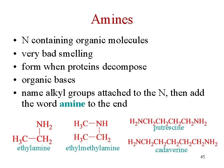 Amines • • • N containing organic molecules very bad smelling form when proteins