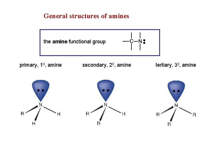 General structures of amines the amine functional group primary, 10, amine secondary, 20, amine